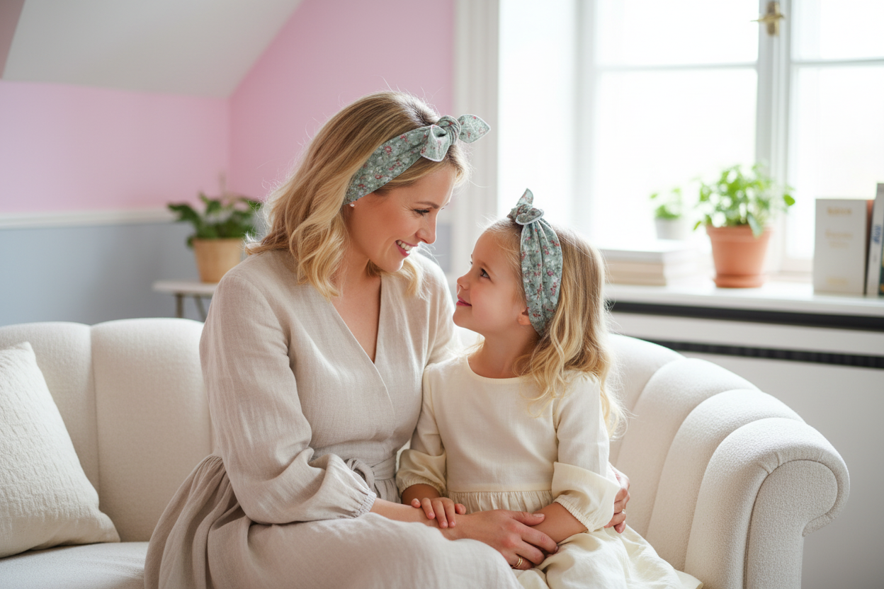 Foulard vert sauge liberty femme et enfant – Coton fleuri assorti Liv&Ciboulette
