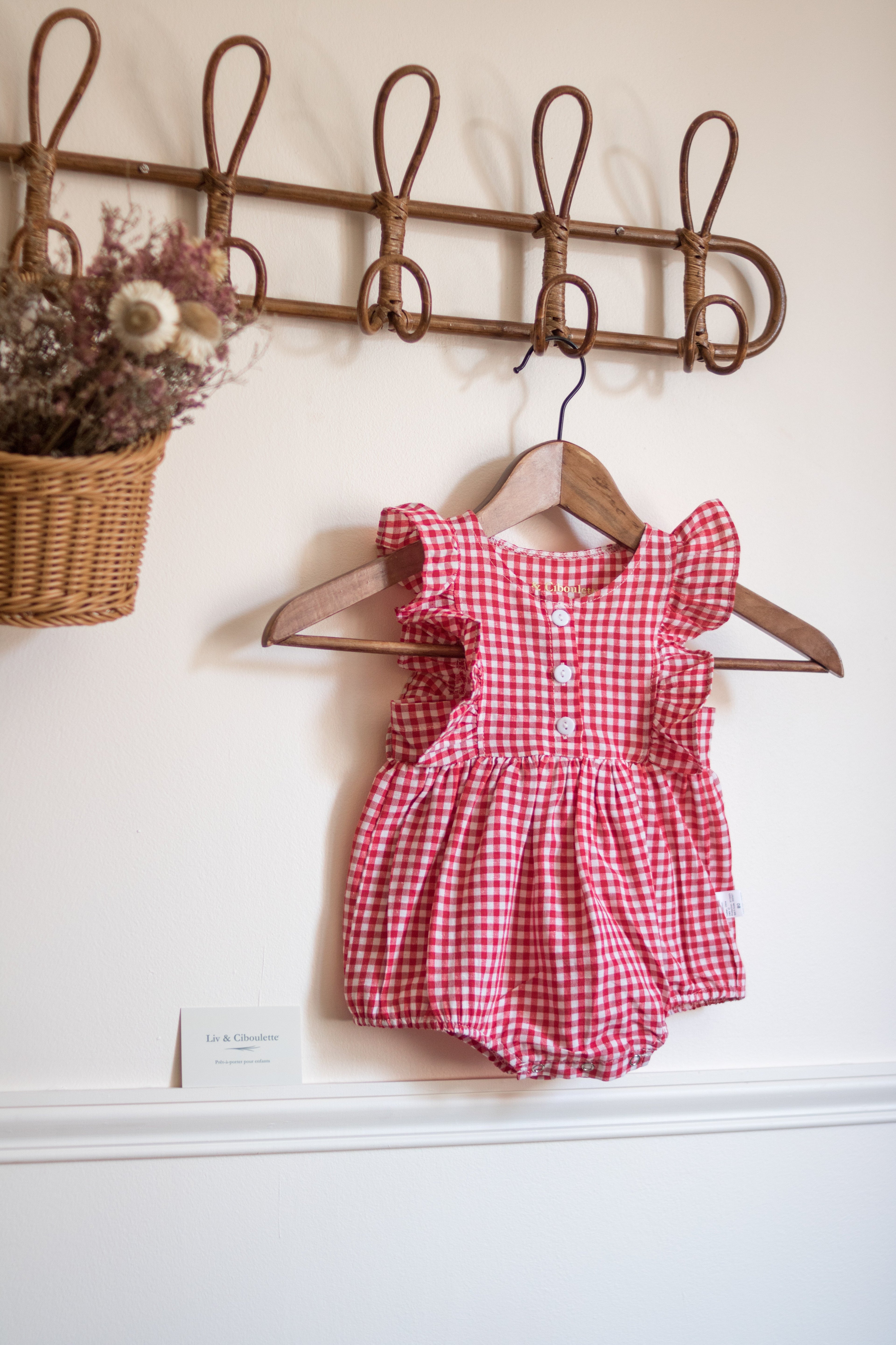 Combinaison bloomer vichy rouge bébé été Liv&Ciboulette